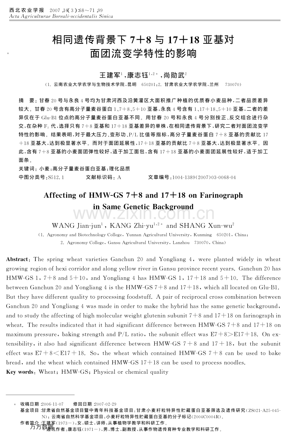相同遗传背景下7+8与17+18亚基对面团流变学特性的影响.pdf_第1页