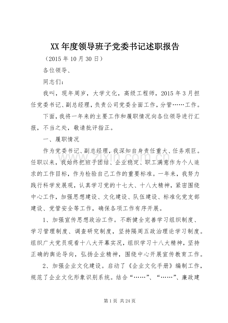 XX年度领导班子党委书记述职报告.docx_第1页