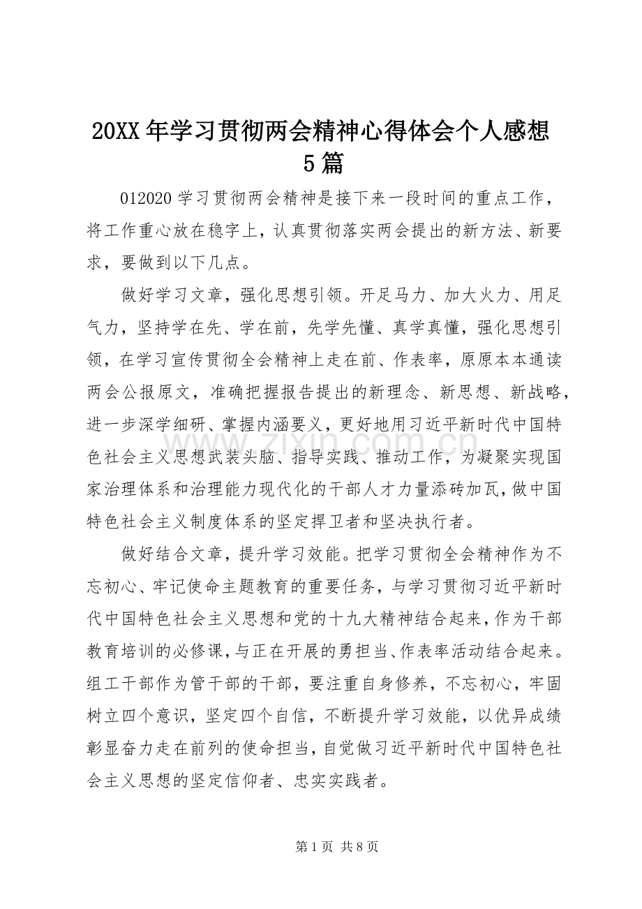 20XX年学习贯彻两会精神心得体会个人感想5篇.docx_第1页