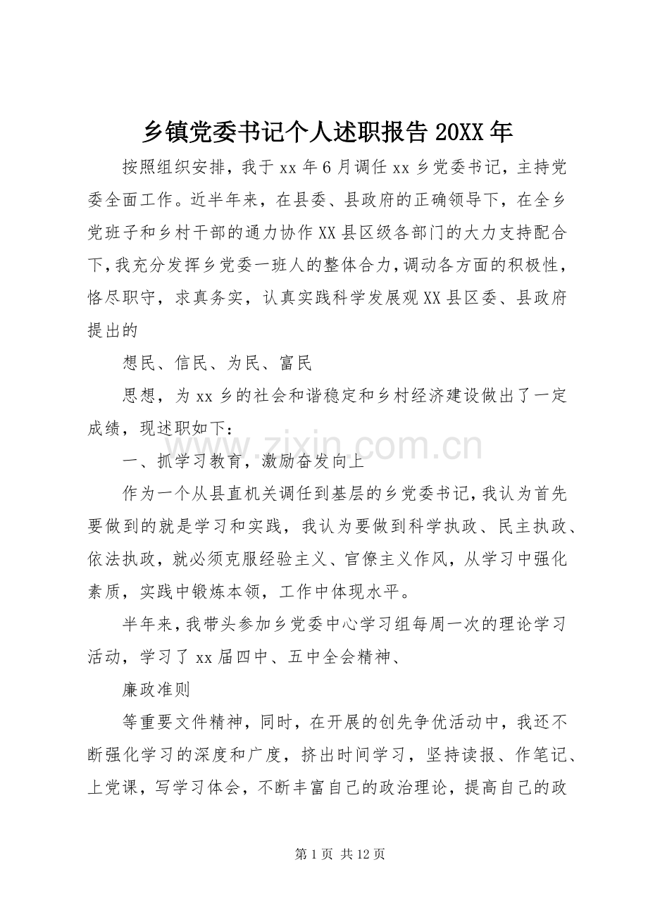 乡镇党委书记个人述职报告20XX年.docx_第1页