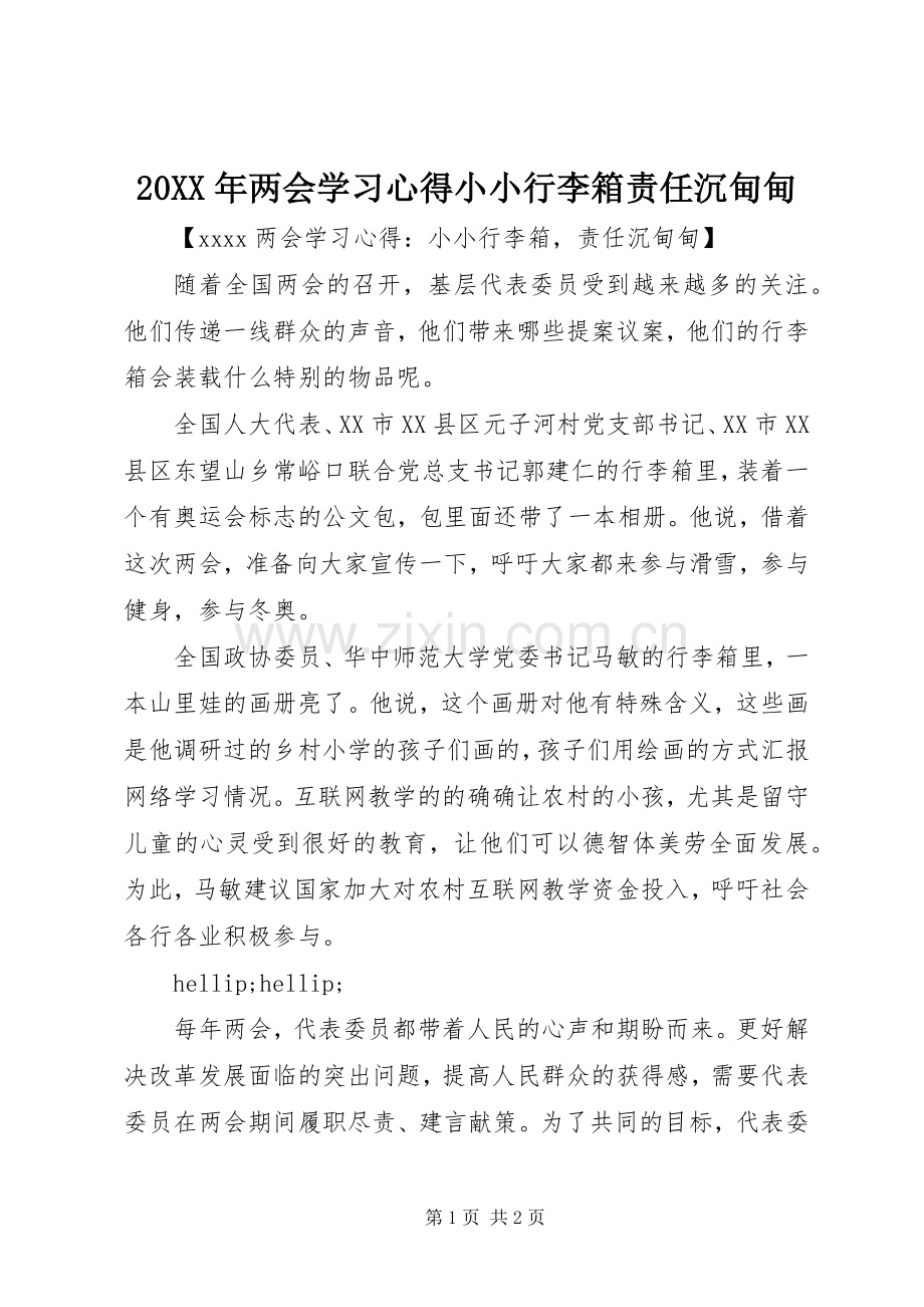 20XX年两会学习心得小小行李箱责任沉甸甸.docx_第1页