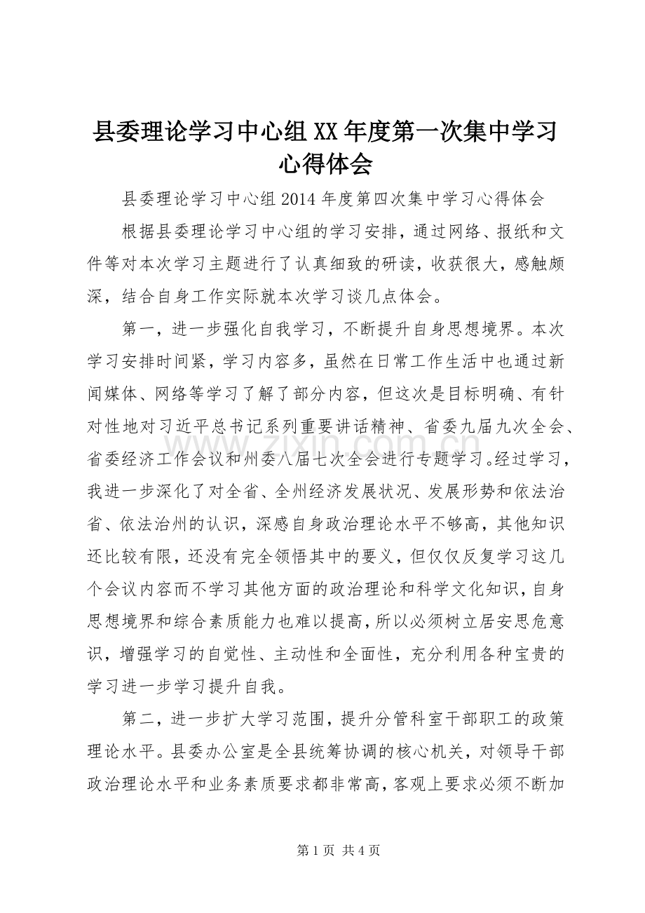 县委理论学习中心组XX年度第一次集中学习心得体会.docx_第1页