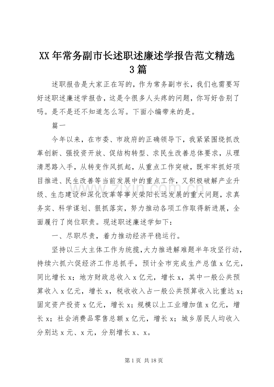 XX年常务副市长述职述廉述学报告范文精选3篇.docx_第1页