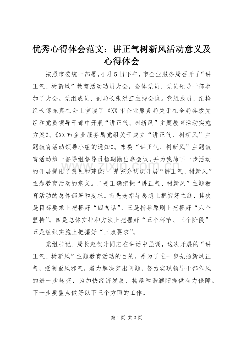 优秀心得体会范文：讲正气树新风活动意义及心得体会.docx_第1页