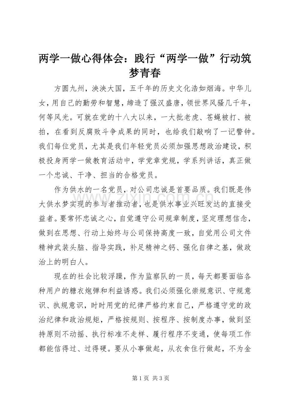 两学一做心得体会：践行“两学一做”行动筑梦青春.docx_第1页