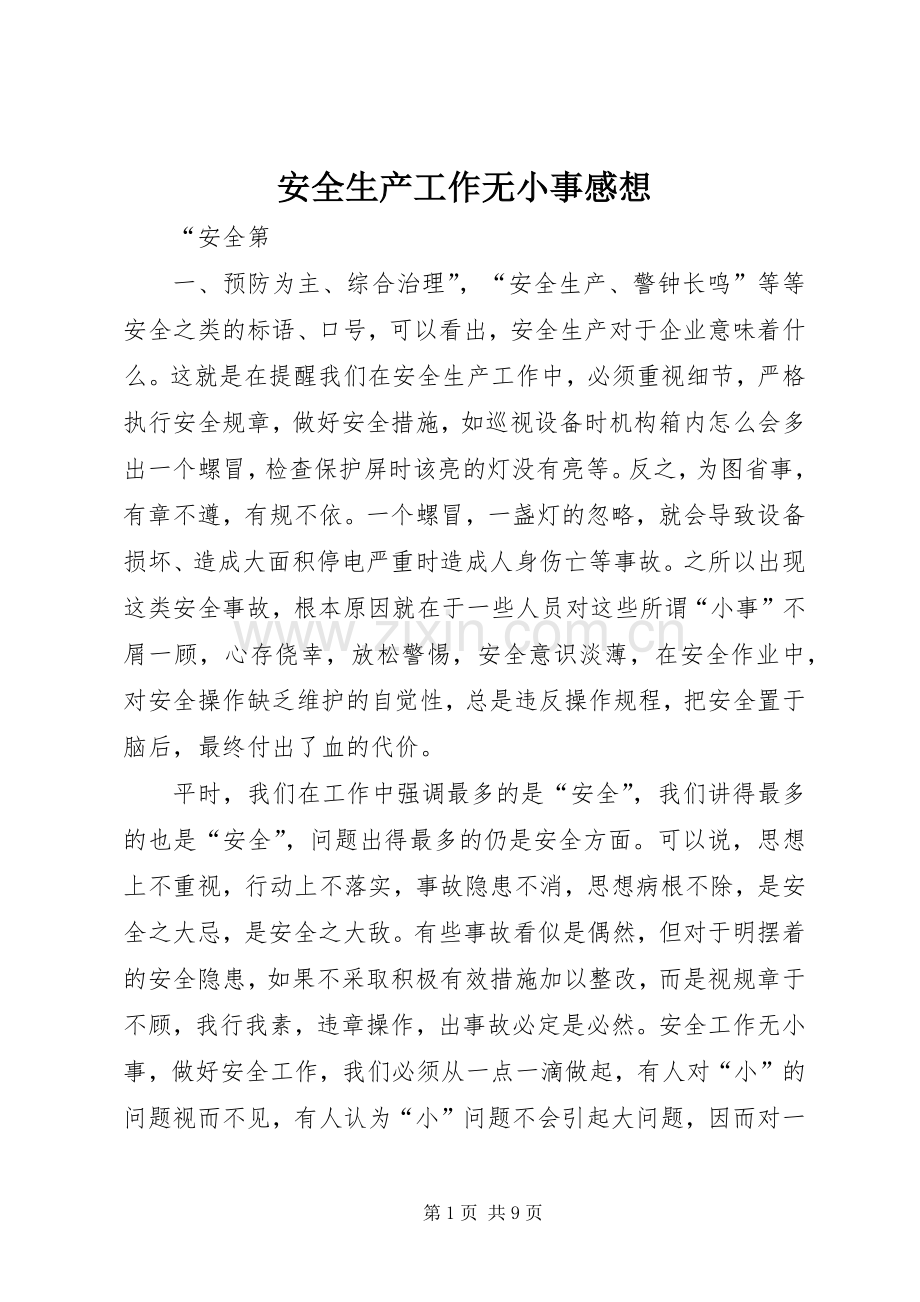 安全生产工作无小事感想.docx_第1页