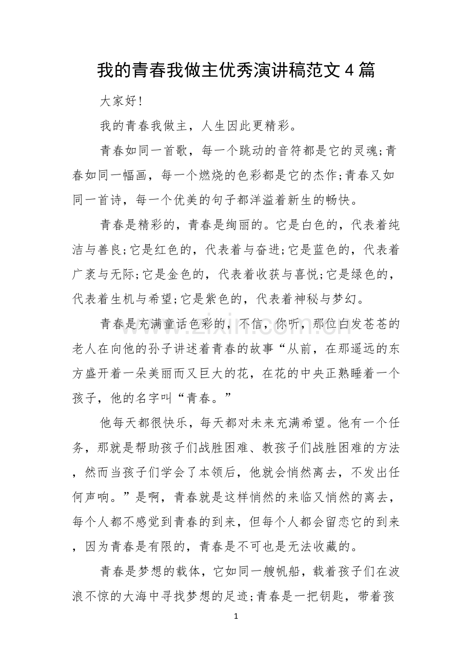 我的青春我做主优秀演讲稿范文4篇.docx_第1页