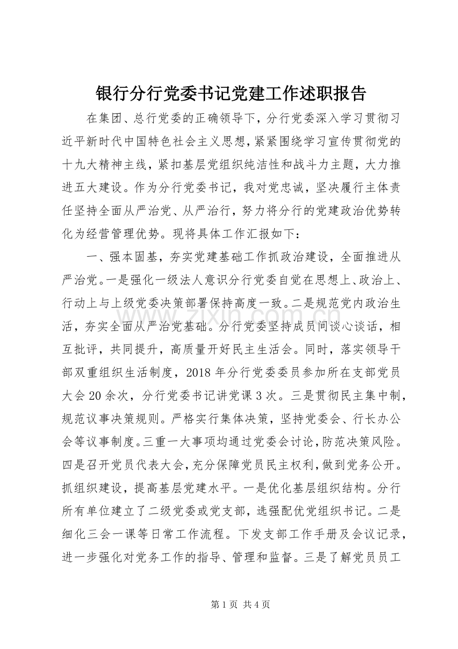 银行分行党委书记党建工作述职报告.docx_第1页