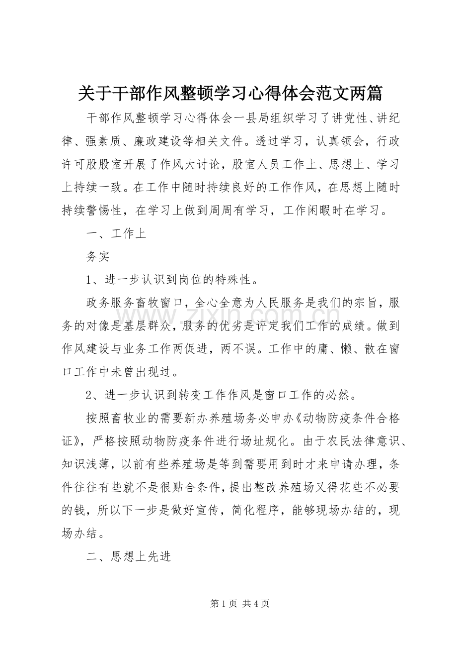 关于干部作风整顿学习心得体会范文两篇.docx_第1页