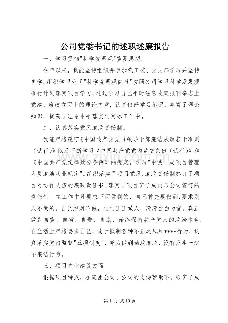 公司党委书记的述职述廉报告.docx_第1页