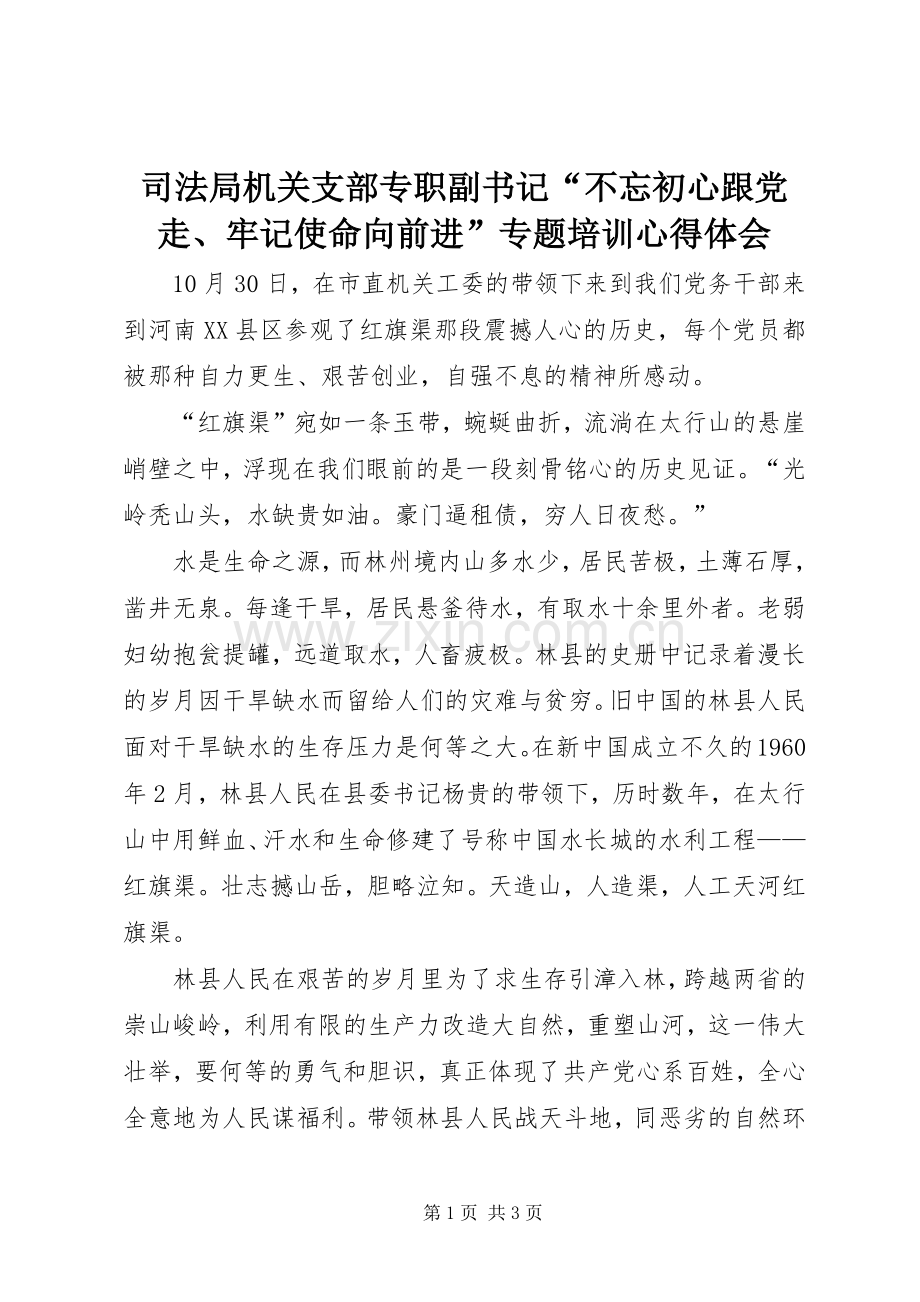 司法局机关支部专职副书记“不忘初心跟党走、牢记使命向前进”专题培训心得体会.docx_第1页