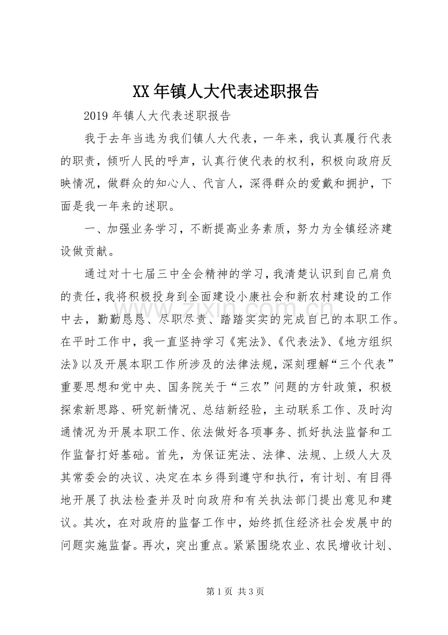 XX年镇人大代表述职报告.docx_第1页