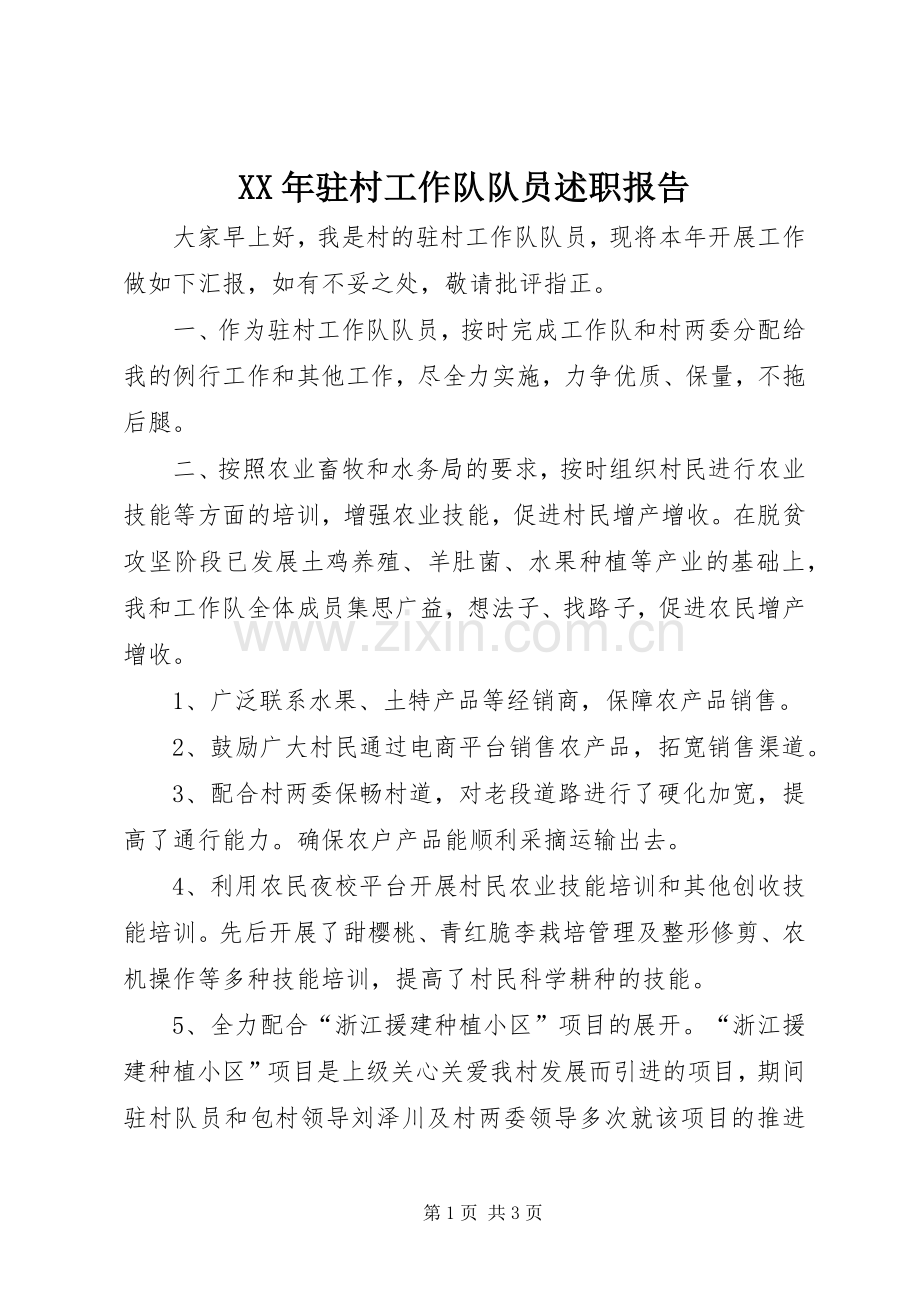 XX年驻村工作队队员述职报告.docx_第1页