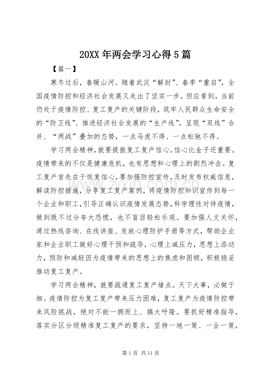 20XX年两会学习心得5篇.docx_第1页