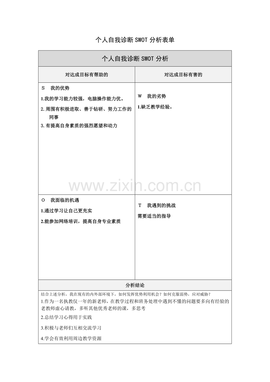 第一步骤所需文档：个人自我诊断SWOT分析表陈裕楚.doc_第1页