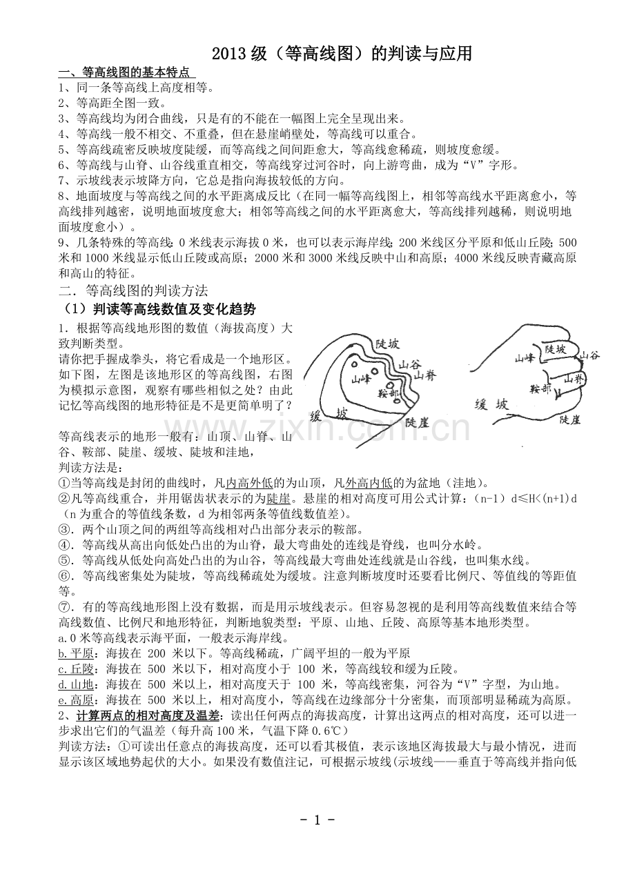犍为一中2013级等高线判读与应用规律归纳整理知识.doc_第1页