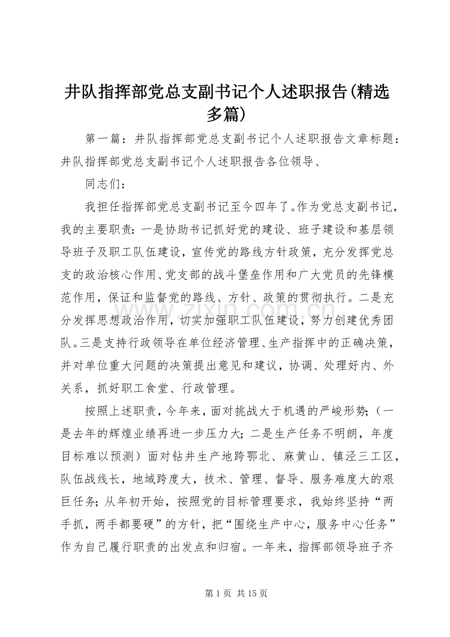 井队指挥部党总支副书记个人述职报告(多篇).docx_第1页