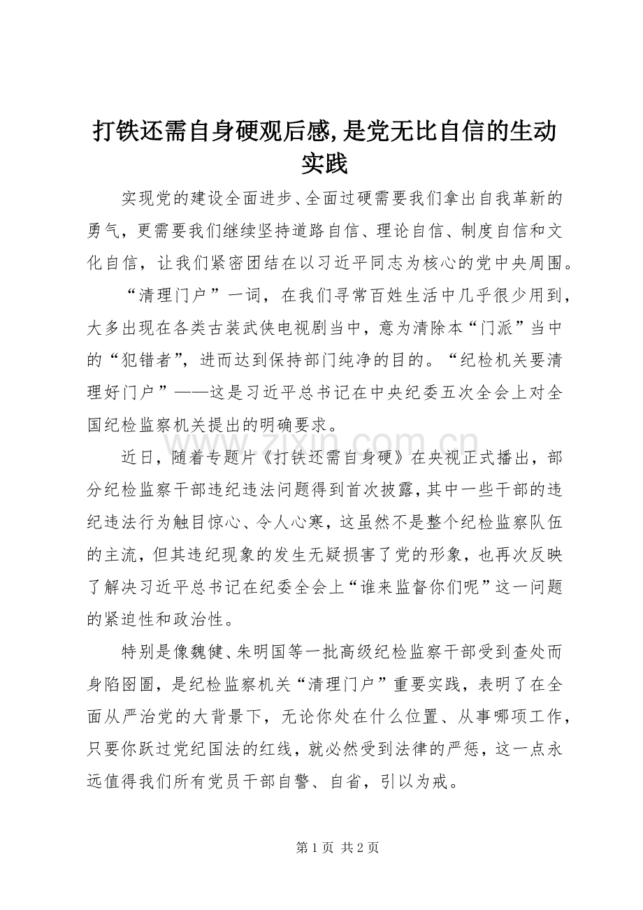 打铁还需自身硬观后感,是党无比自信的生动实践.docx_第1页
