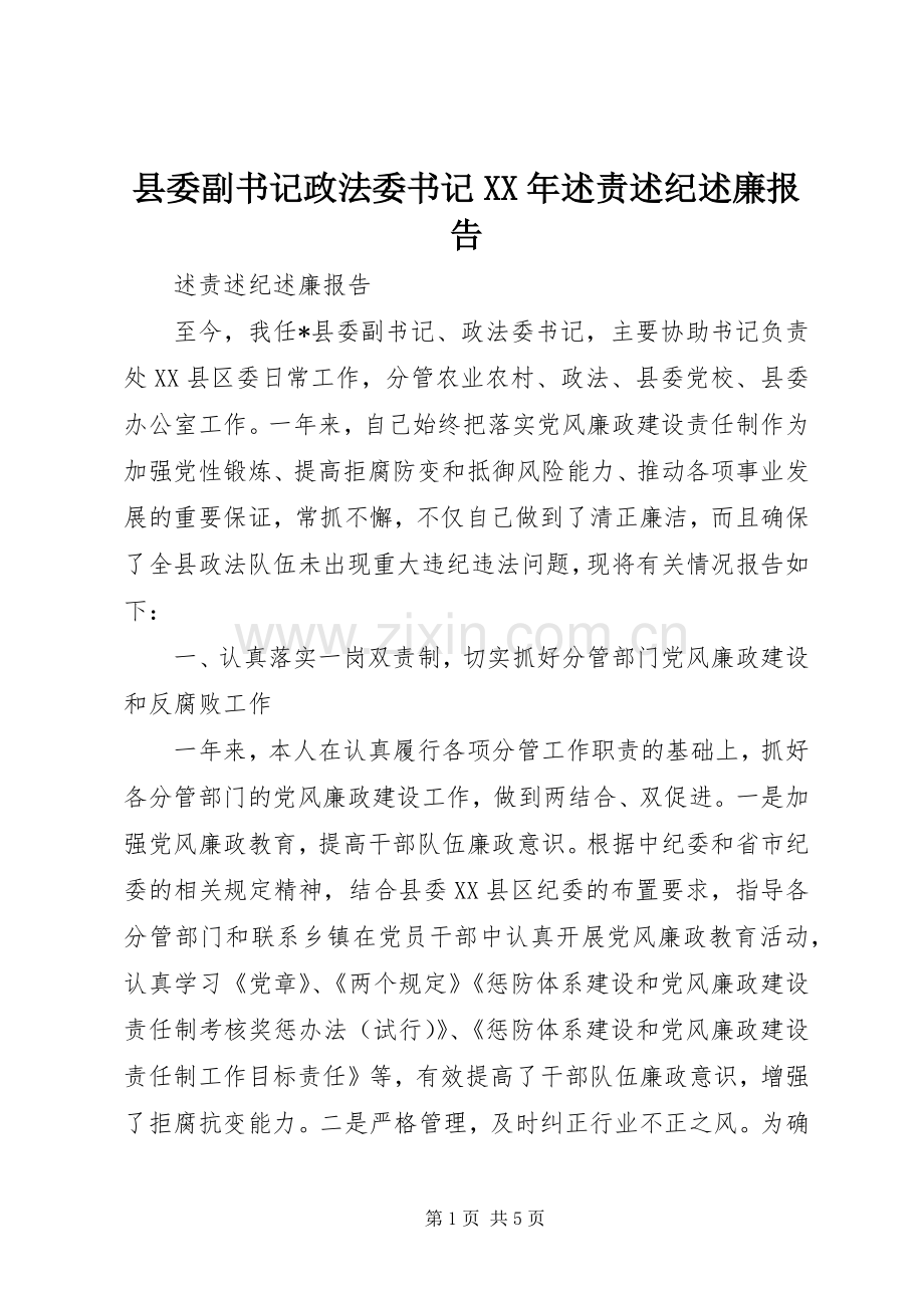 县委副书记政法委书记XX年述责述纪述廉报告.docx_第1页