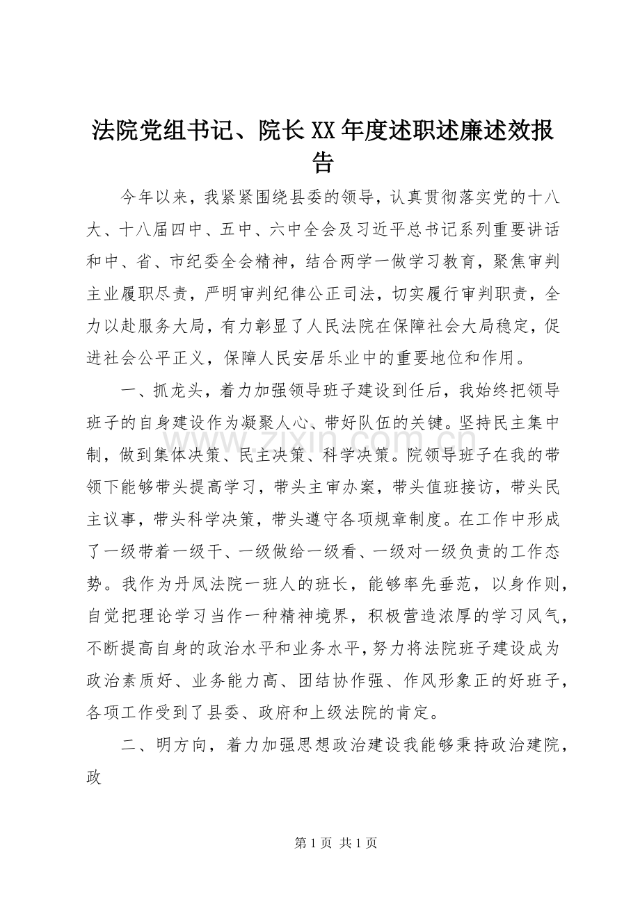 法院党组书记、院长XX年度述职述廉述效报告.docx_第1页