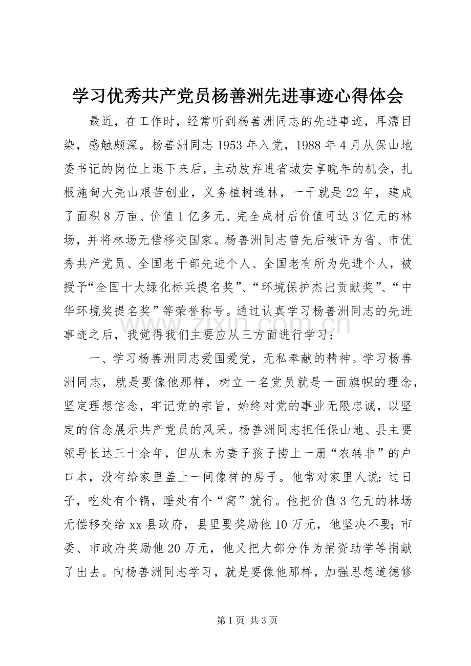 学习优秀共产党员杨善洲先进事迹心得体会.docx_第1页