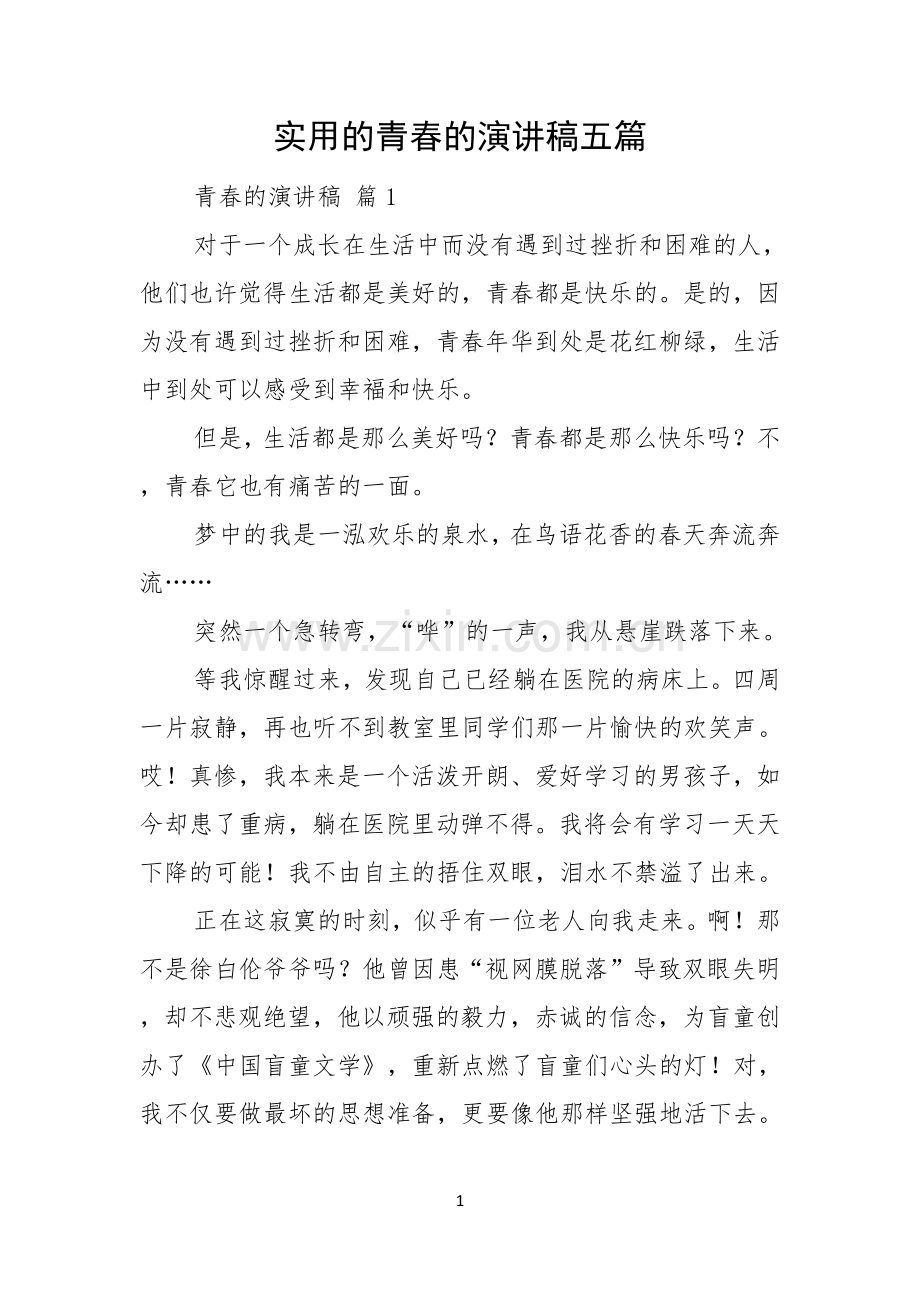 实用的青春的演讲稿五篇.docx_第1页