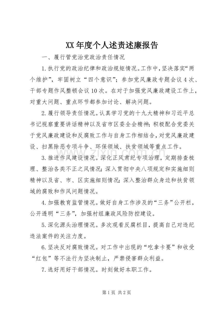XX年度个人述责述廉报告.docx_第1页