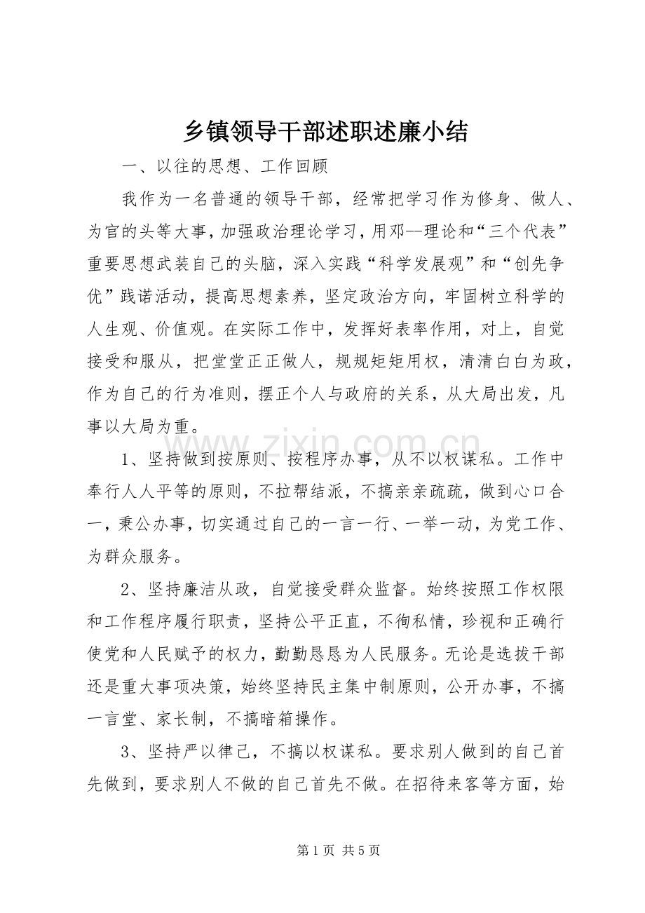乡镇领导干部述职述廉小结.docx_第1页
