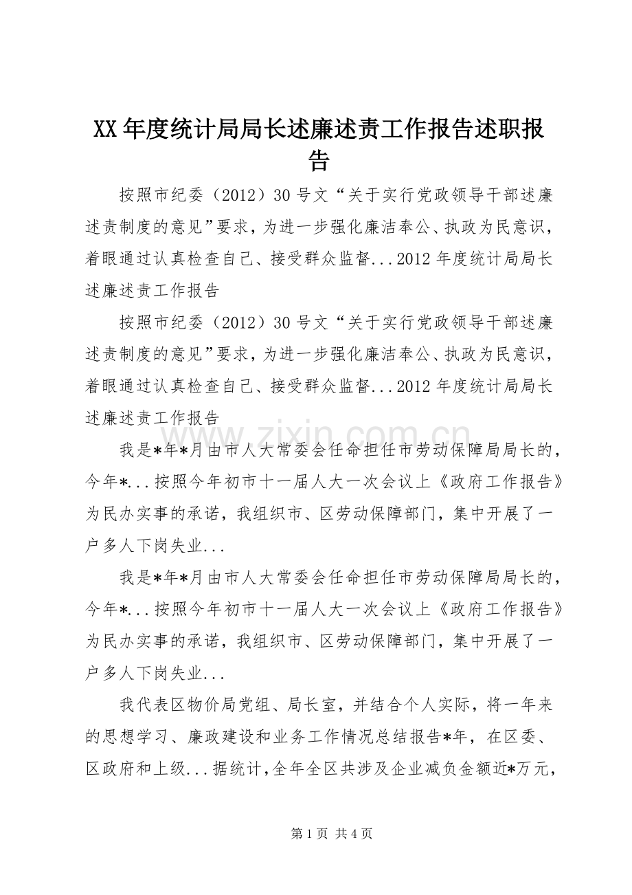 XX年度统计局局长述廉述责工作报告述职报告.docx_第1页