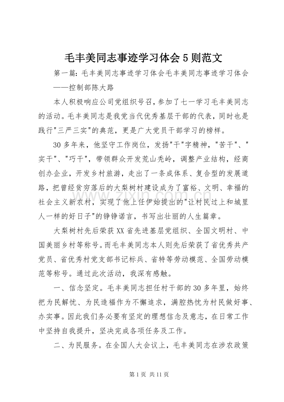 毛丰美同志事迹学习体会5则范文.docx_第1页