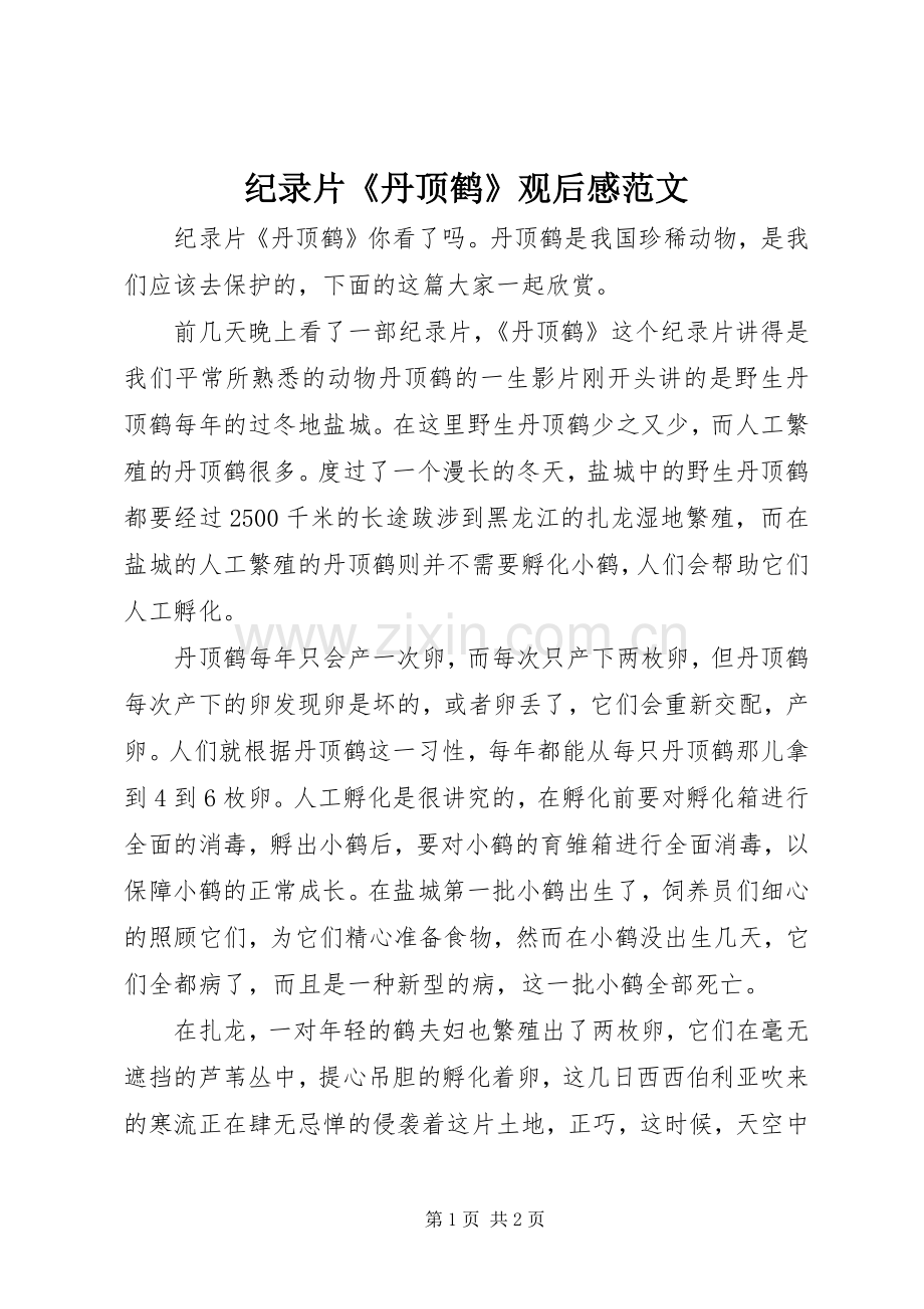 纪录片《丹顶鹤》观后感范文.docx_第1页