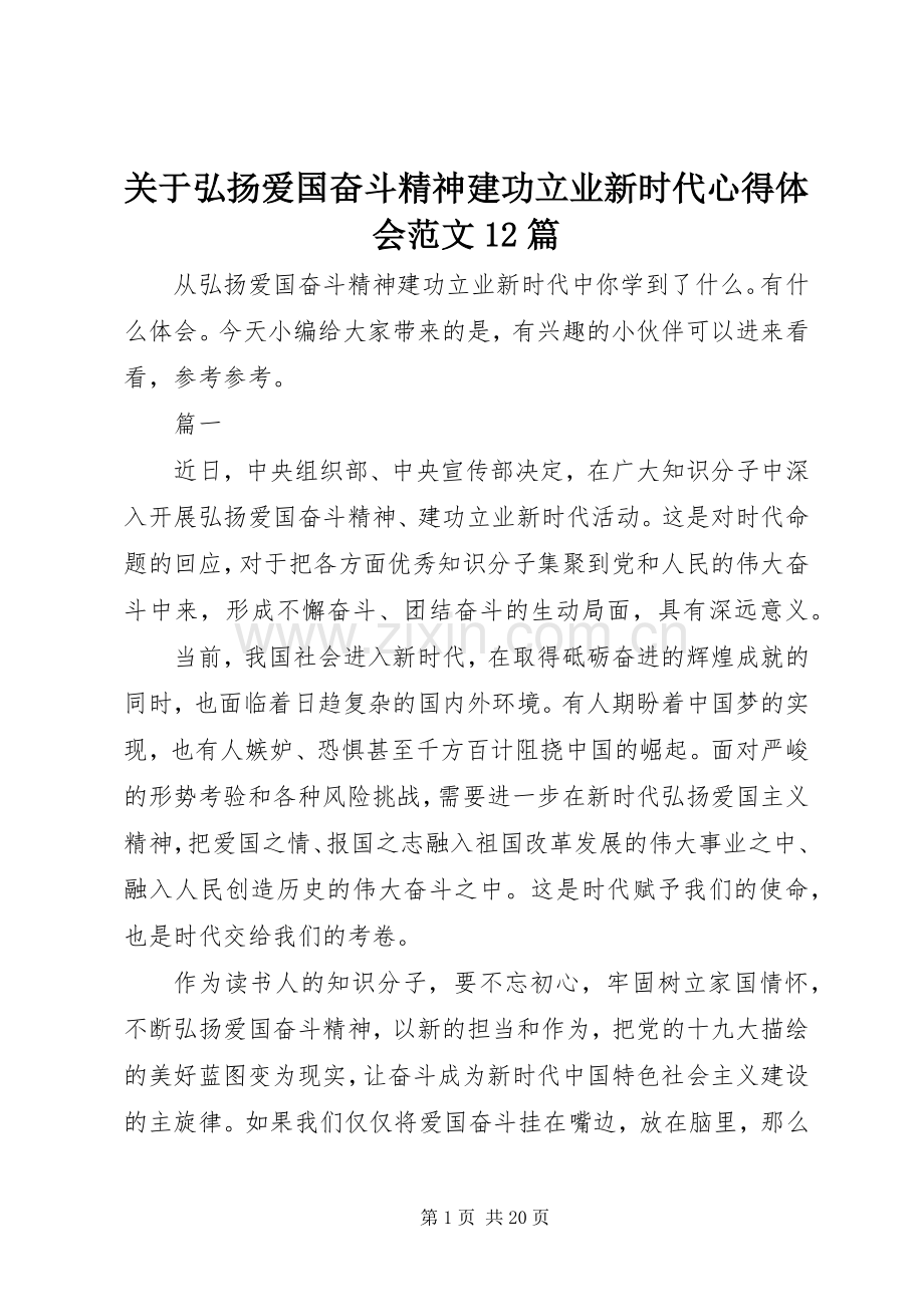 关于弘扬爱国奋斗精神建功立业新时代心得体会范文12篇.docx_第1页