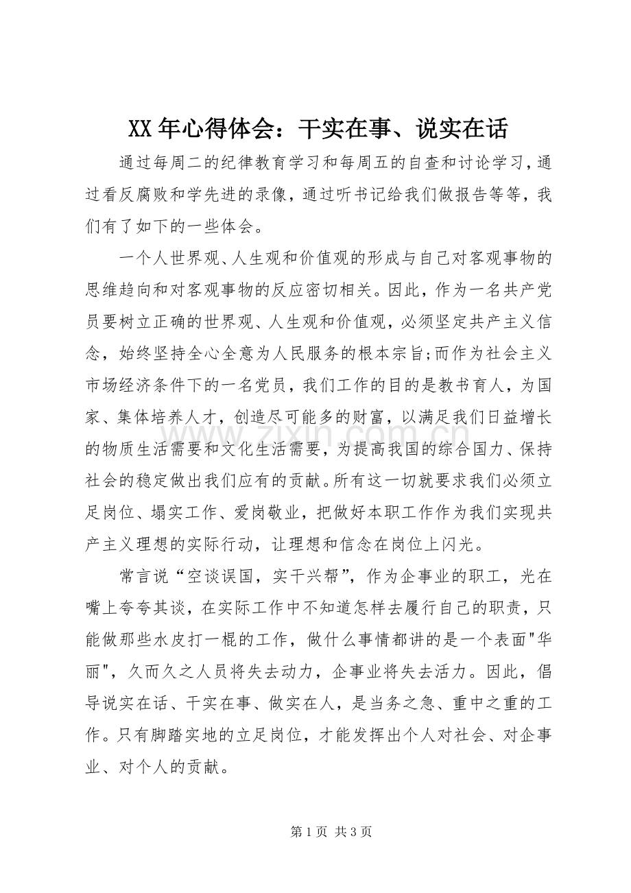 XX年心得体会：干实在事、说实在话.docx_第1页