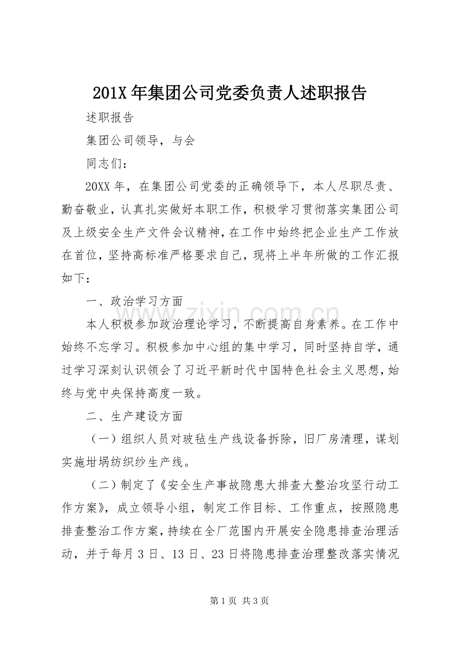 201X年集团公司党委负责人述职报告.docx_第1页