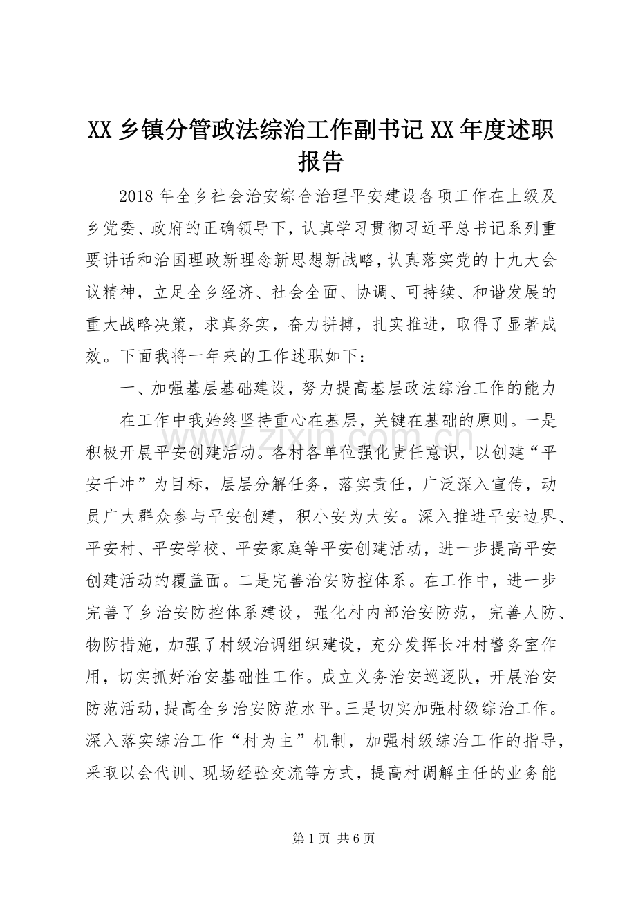XX乡镇分管政法综治工作副书记XX年度述职报告.docx_第1页