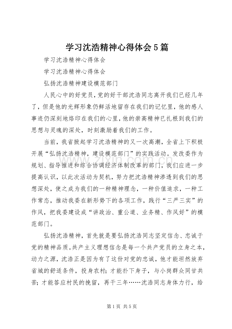 学习沈浩精神心得体会5篇.docx_第1页