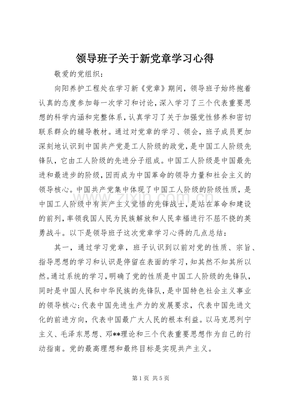 领导班子关于新党章学习心得.docx_第1页