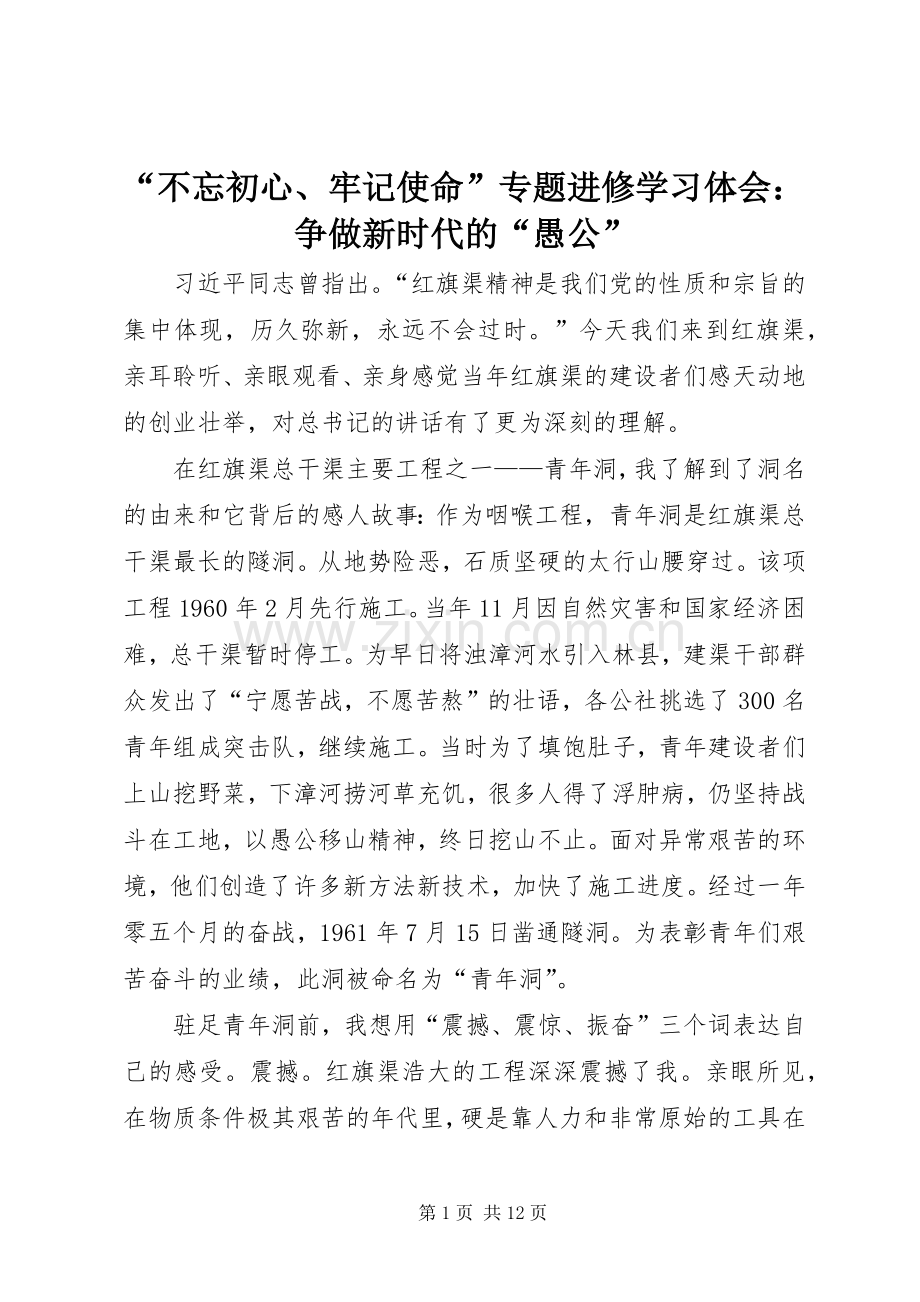 “不忘初心、牢记使命”专题进修学习体会：争做新时代的“愚公”.docx_第1页