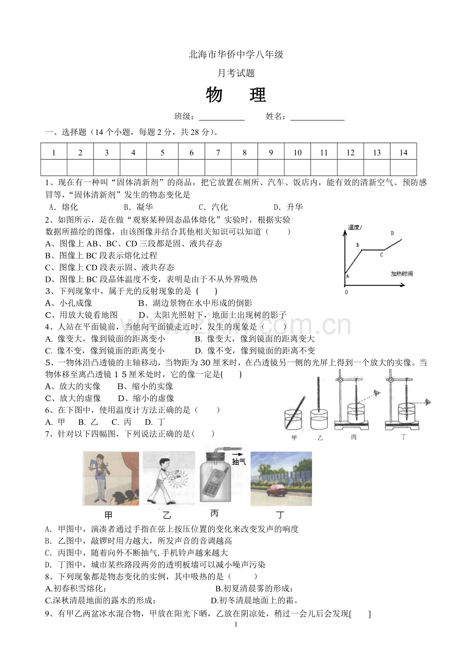 北海市华侨中学八年级月考试题.doc_第1页