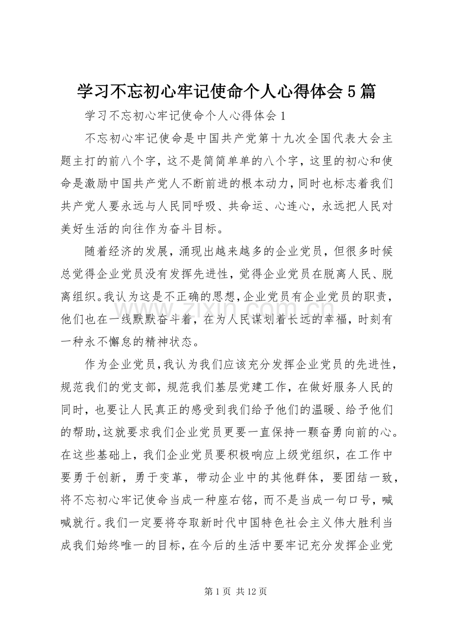 学习不忘初心牢记使命个人心得体会5篇.docx_第1页