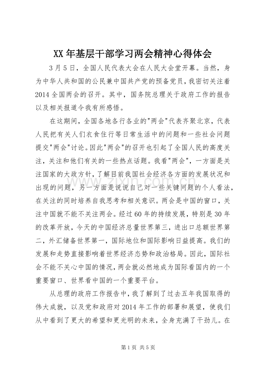 XX年基层干部学习两会精神心得体会.docx_第1页