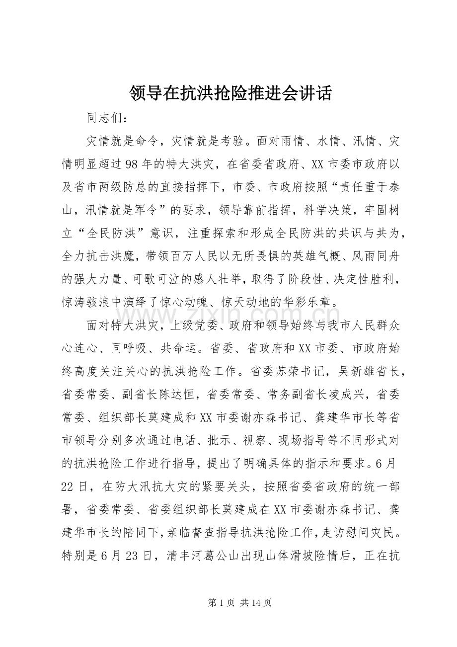 领导在抗洪抢险推进会讲话.docx_第1页