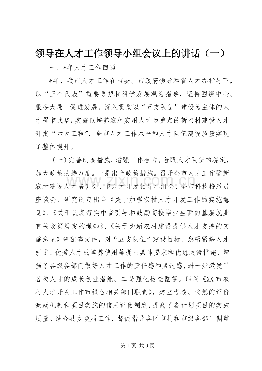 领导在人才工作领导小组会议上的讲话（一）.docx_第1页