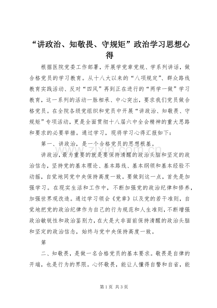 “讲政治、知敬畏、守规矩”政治学习思想心得.docx_第1页