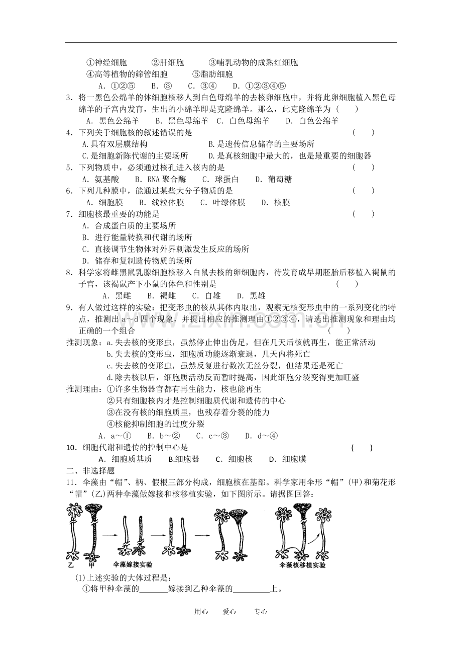 高一生物-3.3《细胞核——系统的控制中心》课后练习必修1.doc_第2页