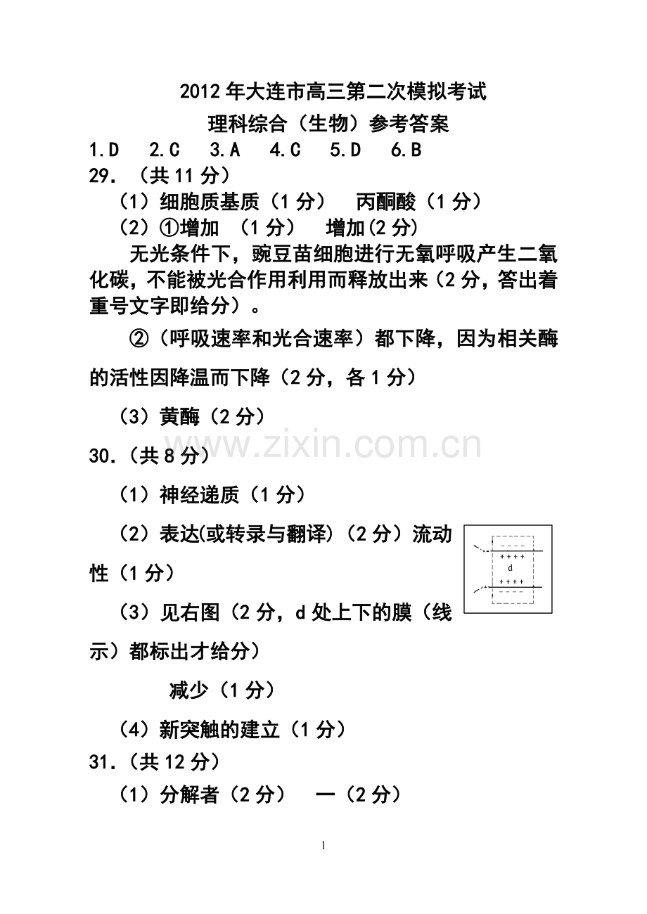 2012年大连市二模理科综合试题答案.doc_第1页
