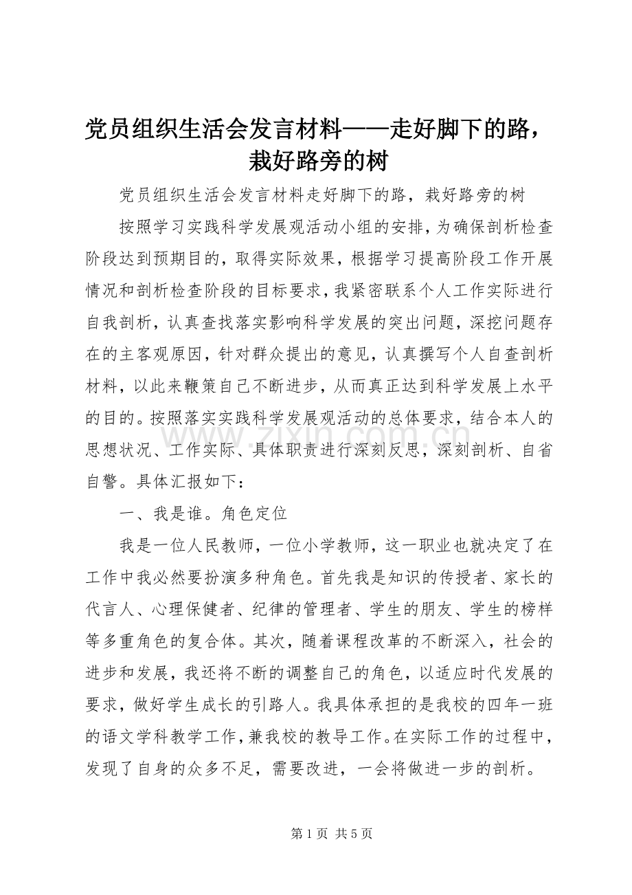 党员组织生活会发言材料——走好脚下的路栽好路旁的树.docx_第1页