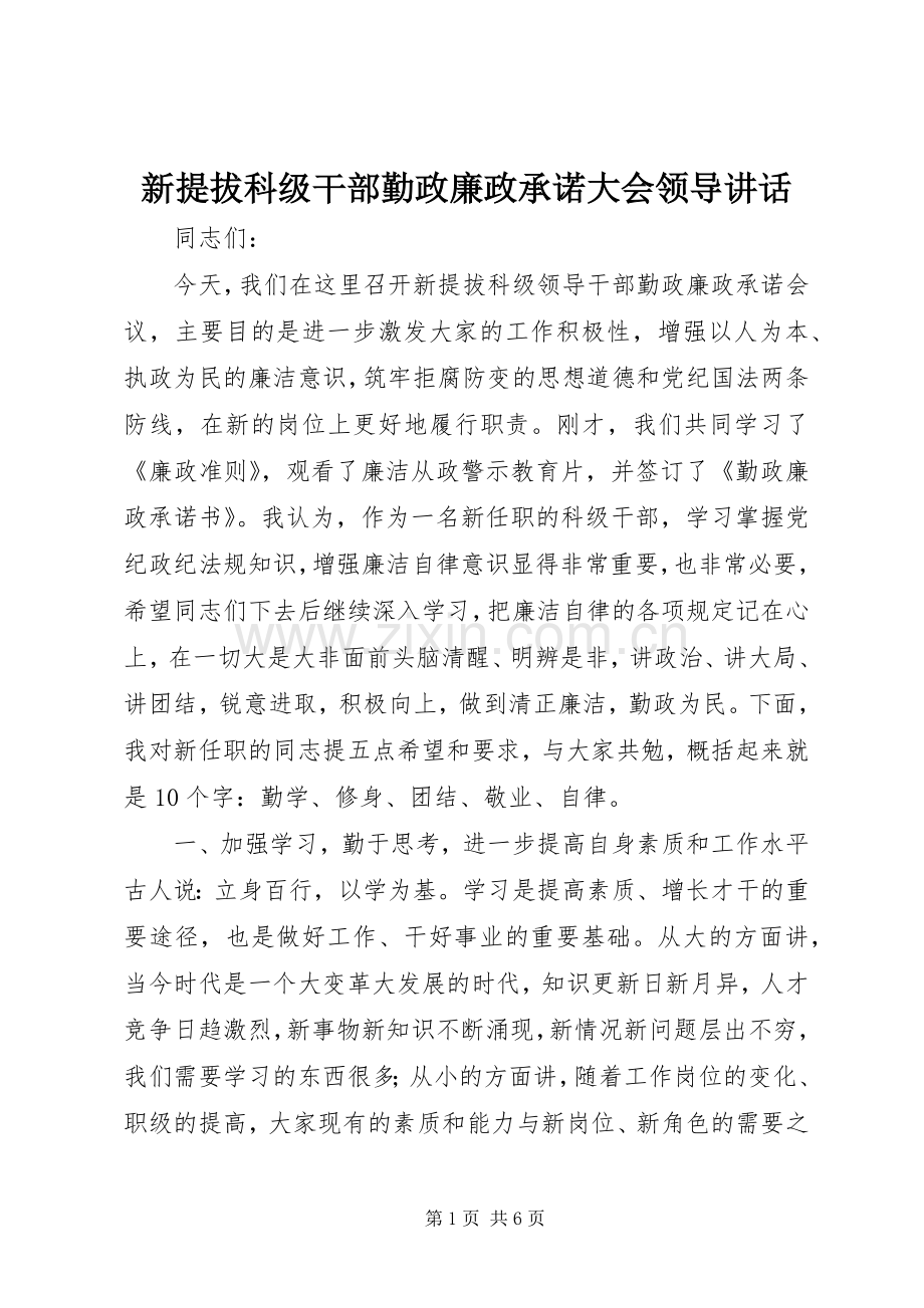 新提拔科级干部勤政廉政承诺大会领导讲话.docx_第1页