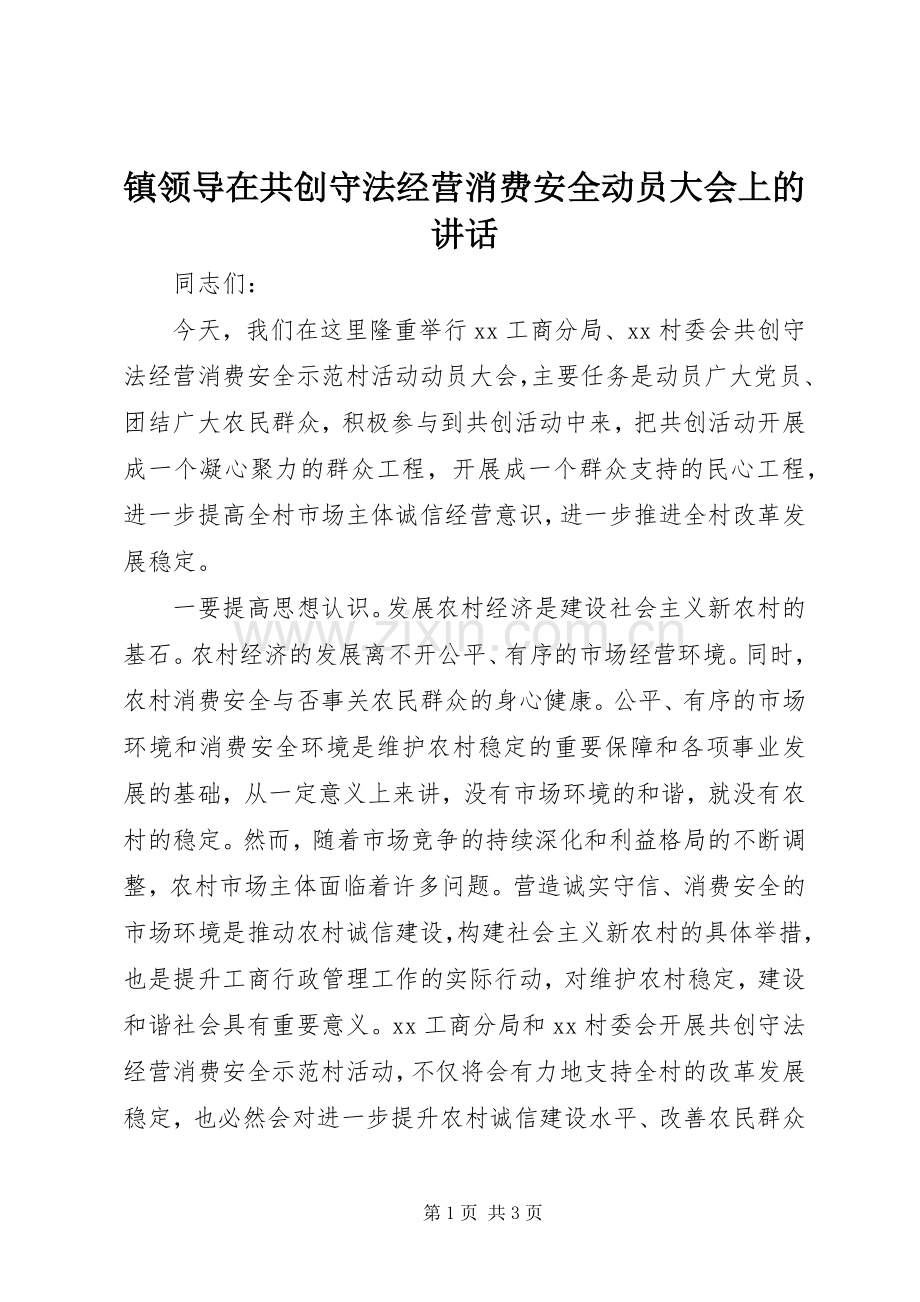 镇领导在共创守法经营消费安全动员大会上的讲话.docx_第1页