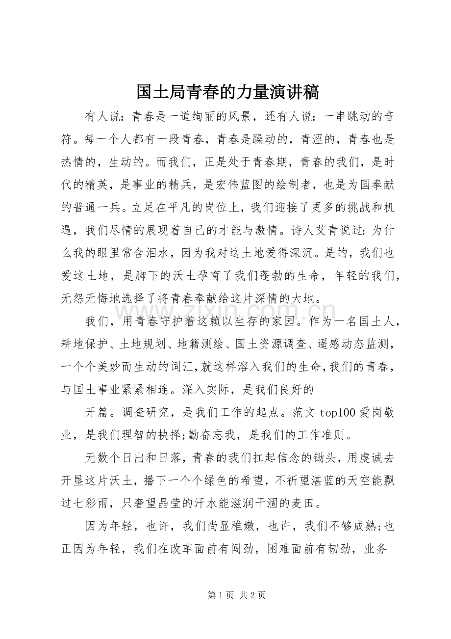 国土局青春的力量演讲稿.docx_第1页